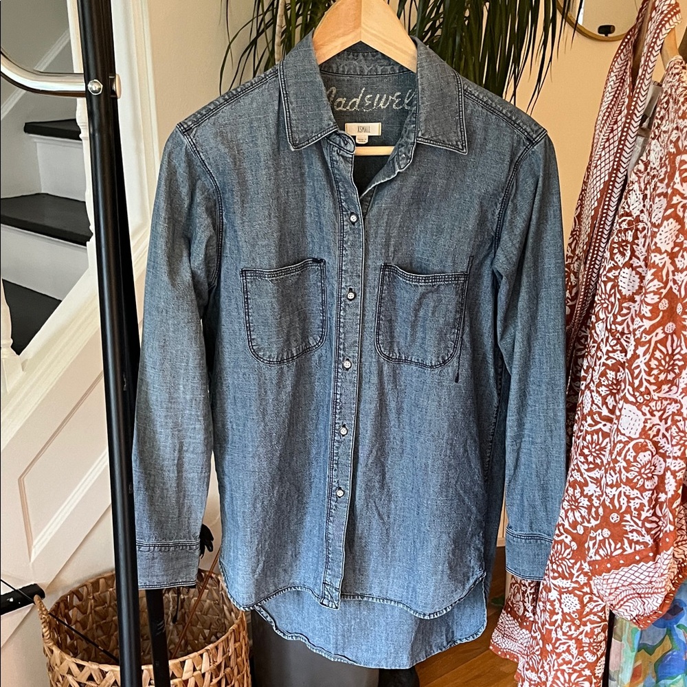 Madewell Casual Indigo Button Down Shirt Denim XS High Low Hem